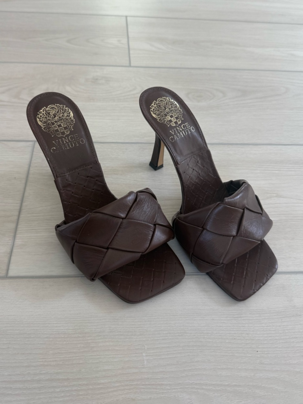 Vince Camuto Brown Braided Square Toe Slide Heels